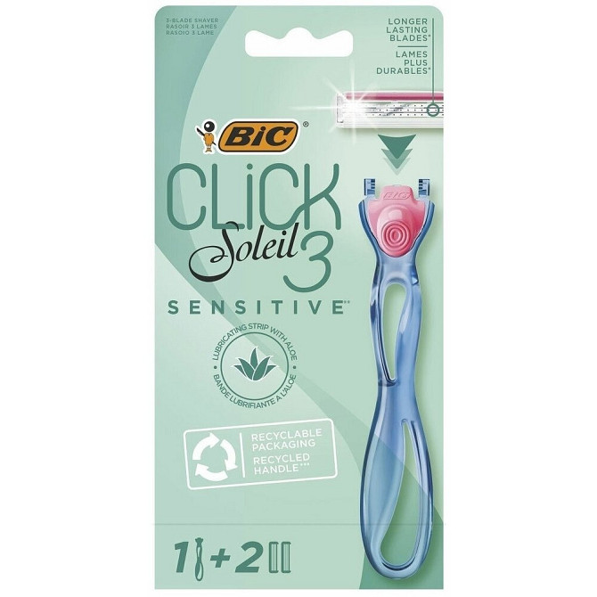 Бритва женская BIC Click 3 Soleil Sensitive, 1 ручка и 2 сменные кассеты  - изображение 1