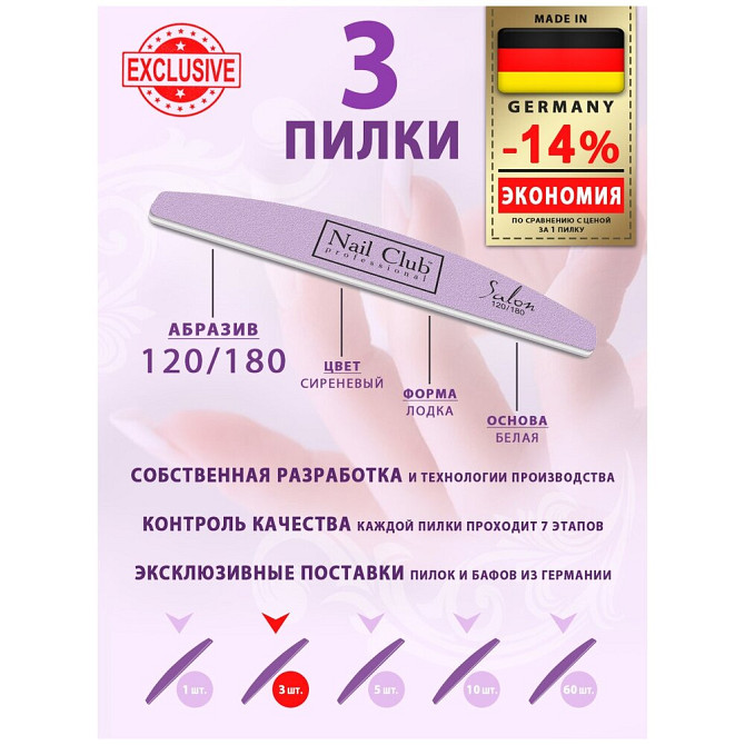 Nail Club professional Маникюрная пилка для опила ногтей сиреневая, серия Salon, форма лодка, абрази  - изображение 3