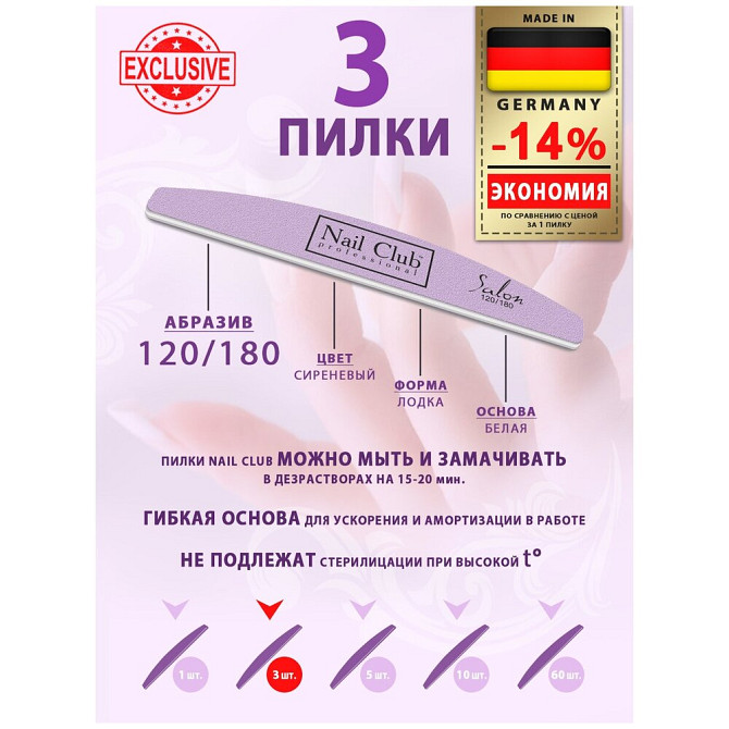 Nail Club professional Маникюрная пилка для опила ногтей сиреневая, серия Salon, форма лодка, абрази  - изображение 1